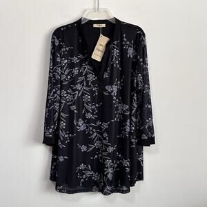 Timeson Popover Top XL Blouse Black‎ Floral 3/4 Sleeve Lined V Neck Tunic NEW